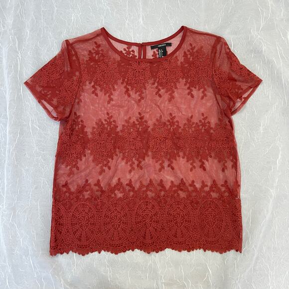 Rust Sheer Mesh Knit Lace T Shirt Scalloped Hem Forever 21 Size Small - Picture 12 of 16